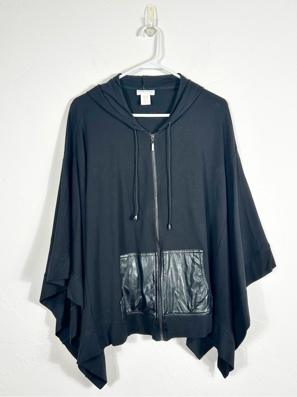 Soft Surroundings Black Zip Up Hooded Poncho Faux Leather Pocket L/XL